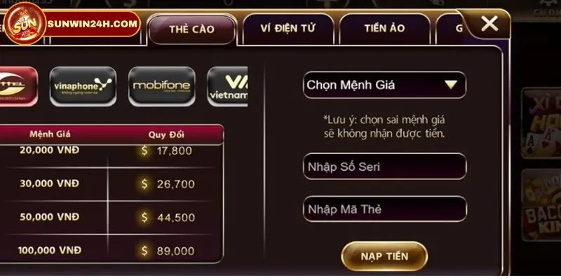 Những điều kiện cần có để thực hiện giao dịch nạp tiền tại Sunwin